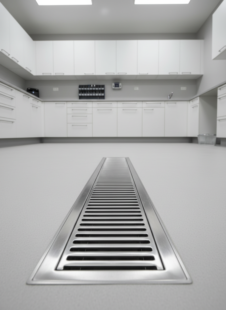 A close-up of a pristine, stainless steel drain cover with perfectly aligned, geometric grating, resting flush within a smooth, light grey concrete floor. The environment is an immaculately clean, modern utility room with clean lines and a structured, orderly layout. Soft, diffused overhead lighting creates gentle, even highlights along the steel’s brushed texture and casts minimal shadows, emphasizing a sense of clarity and hygiene. The composition uses a centered, slightly elevated camera angle, with sharp focus throughout and neutral color tones, conveying a calm, professional, and trustworthy mood. The photographic realism and corporate aesthetic reinforce dependability and technical expertise relevant to a drainage company’s services.