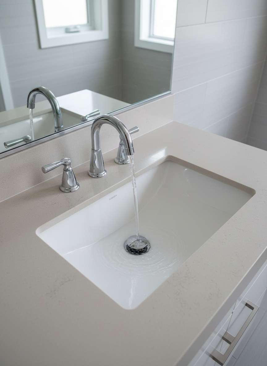 A shiny, white porcelain sink with chrome fixtures, shown in immaculate condition and free from water spots, is depicted above a neutral quartz countertop. The drainage area is the focal point, with water swirling smoothly around the drain, demonstrating unobstructed flow. The setting is a bright, minimalist restroom with clean, uncluttered surfaces and an organized sense of space. Cool, natural daylight streams from an unseen window, softly illuminating the scene and creating gentle shadows beneath the fixtures. Captured from a slight overhead angle, the image utilizes the rule of thirds for a balanced layout and subtle depth of field. The overall vibe is clinical and efficient, supporting a professional, modern business image.