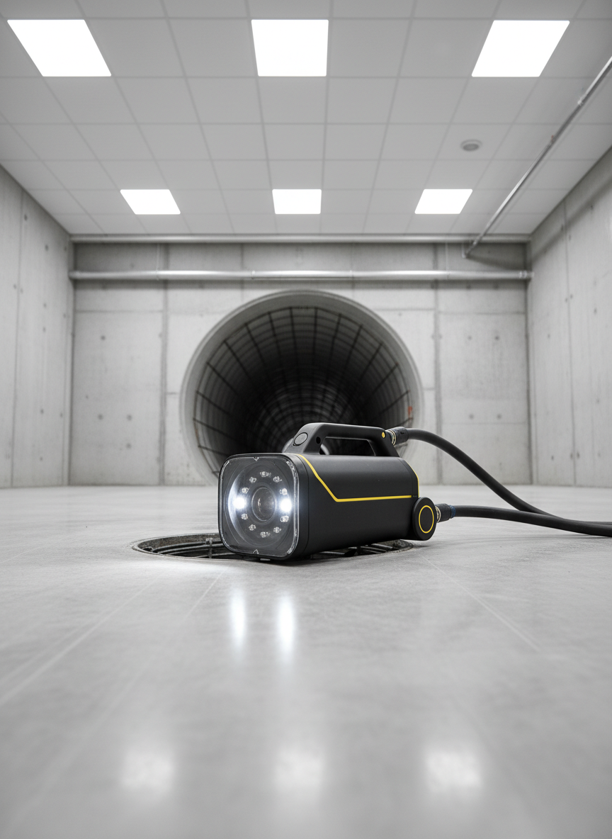 A sleek, industrial-grade drainage inspection camera—encased in black reinforced material with subtle yellow accents—is stationed at the entrance of an open concrete drain. The surrounding floor is spotless, while the drain interior recedes into geometric shadow detail. The setting is a utilitarian facility space, with neutral, structured surfaces and minimal distractions. Even, white light brightens the space from above, reflecting crisply off the metal and camera surfaces. Composed at eye-level, the camera lens faces forward, drawing the viewer’s eye into the depth of the drain, with leading lines guiding composition. The mood is highly professional and precise, emphasizing advanced technology and meticulous service.