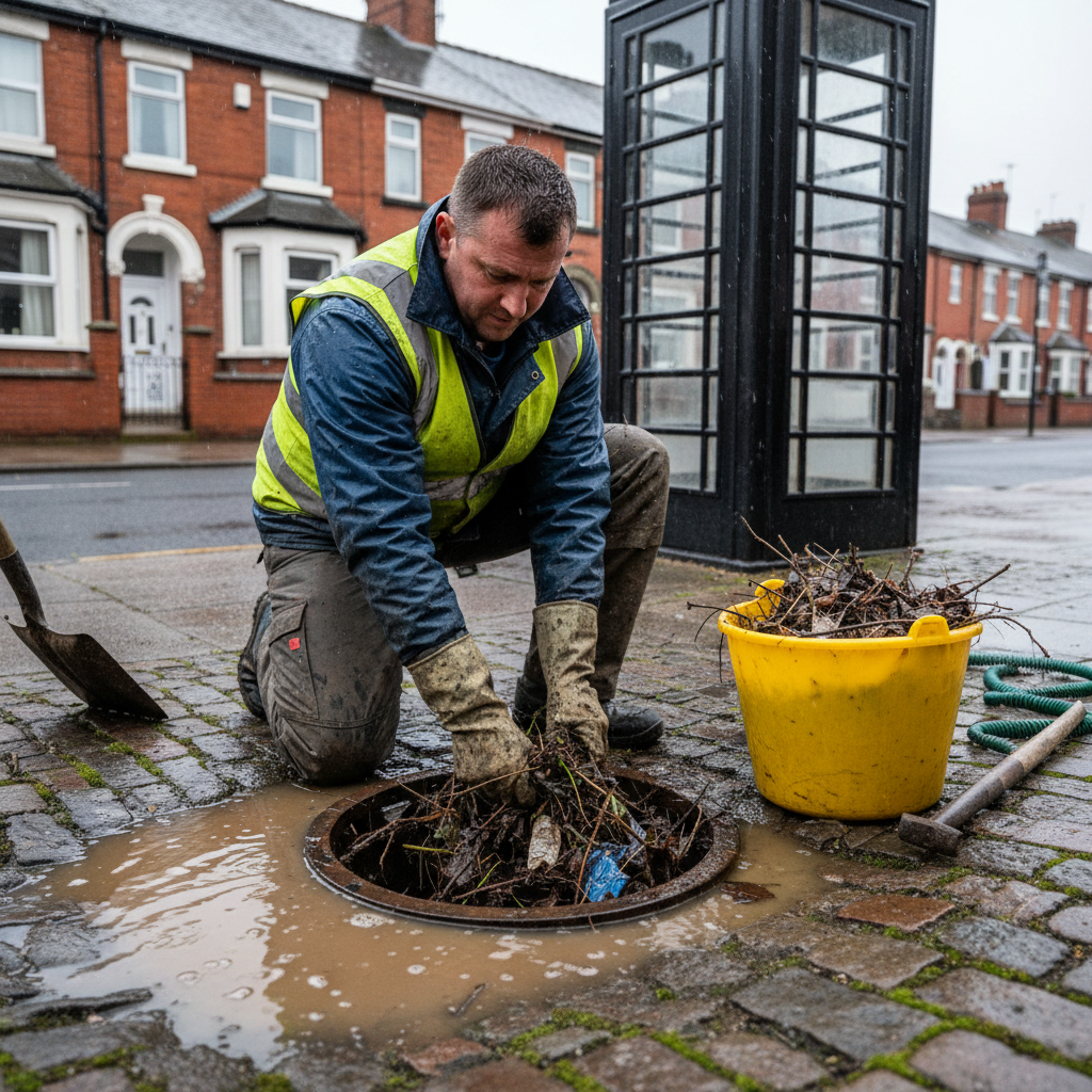 workman clearing outside drain uk