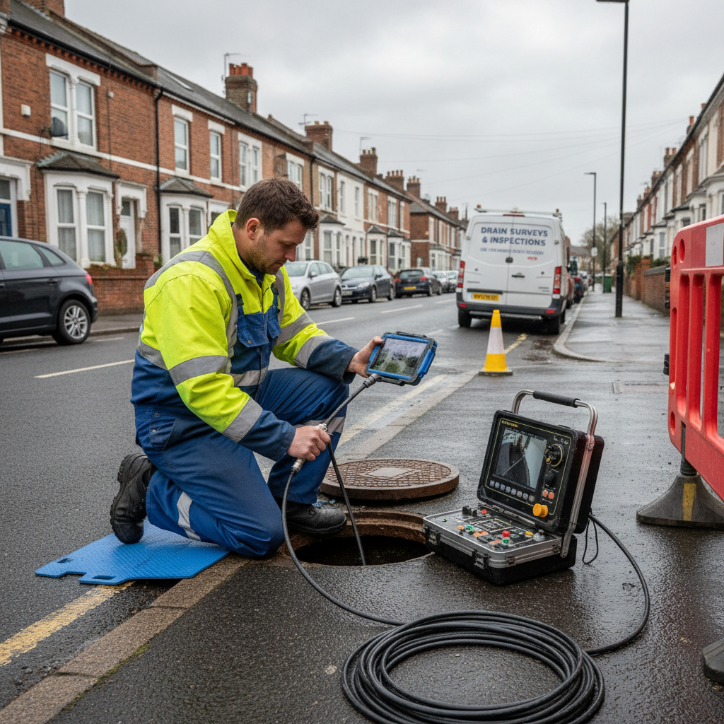 CCTV drain inspection in the UK, showing a professional operating a drain camera outdoors
